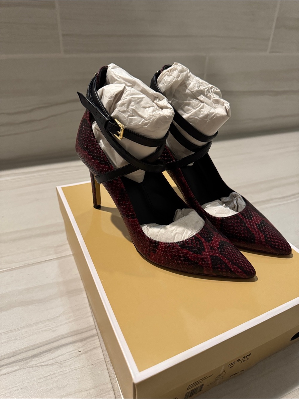 Michael Kors Burgundy Snake-Print Pointed Toe Heels with Black Straps